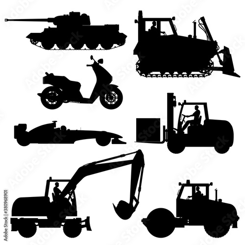 Set of different transport silhouettes.
Set of black construction, special machines and other vehicles in a flat style. Special equipment. Vector illustration.
