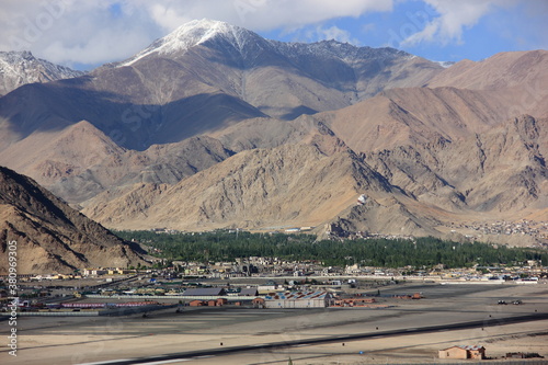Monasteries and stupas in Leh, Buddhist place of worship, Himalyas and mountains amid beautiful blue sky, Ladakh, India