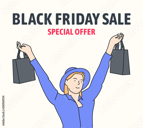 Black Friday banner concept. Beautiful girl carrying a shopping bag and smiling happily.