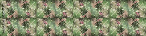Seamless green pink abstract pattern floral tropical exotic tropics  branched palm tree leaves flower jungle wallpaper square mosaic  tiles texture background banner panorama