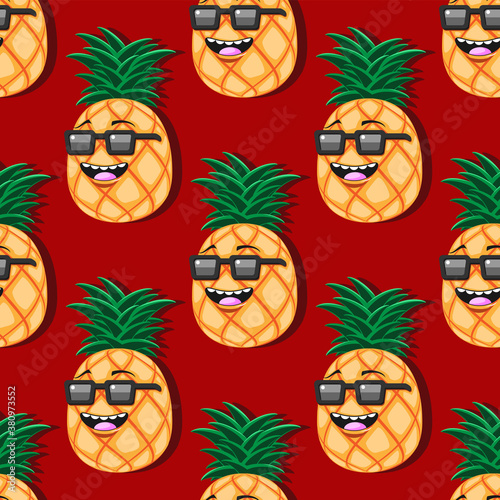 seamless pineapple cartoon pattern with glasses on red background. Vector image