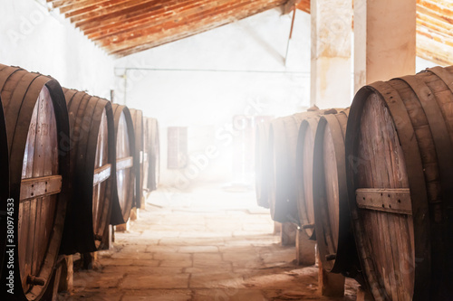 Wine barrels stacked in the old cellar of the vinery in Spain photo