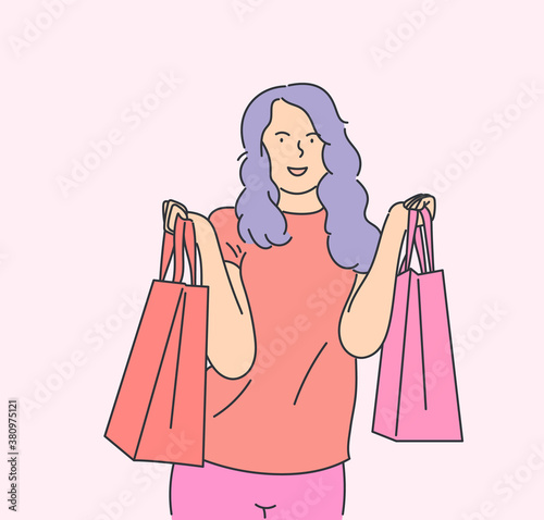 Shopping, sale, choice, store, buy concept. Beautiful girl carrying a shopping bags and smiling happily. Hand drawn in thin line style, vector illustrations.