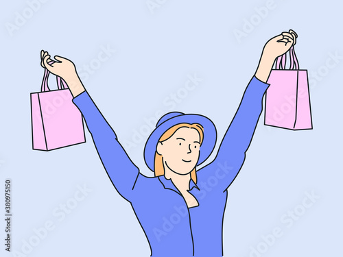 Shopping, sale, choice, store, buy concept. Beautiful girl carrying a shopping bag and smiling happily. Hand drawn in thin line style, vector illustrations.
