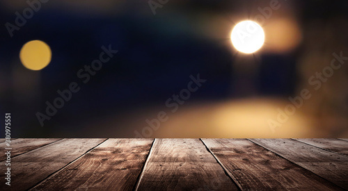 Wooden table, blurred bokeh...