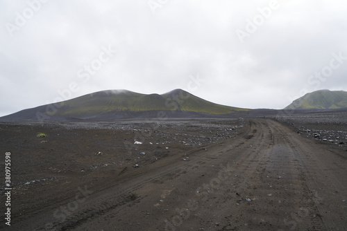 Vulcanic landscape in the highlands of iceland  black ash deserts with green moss