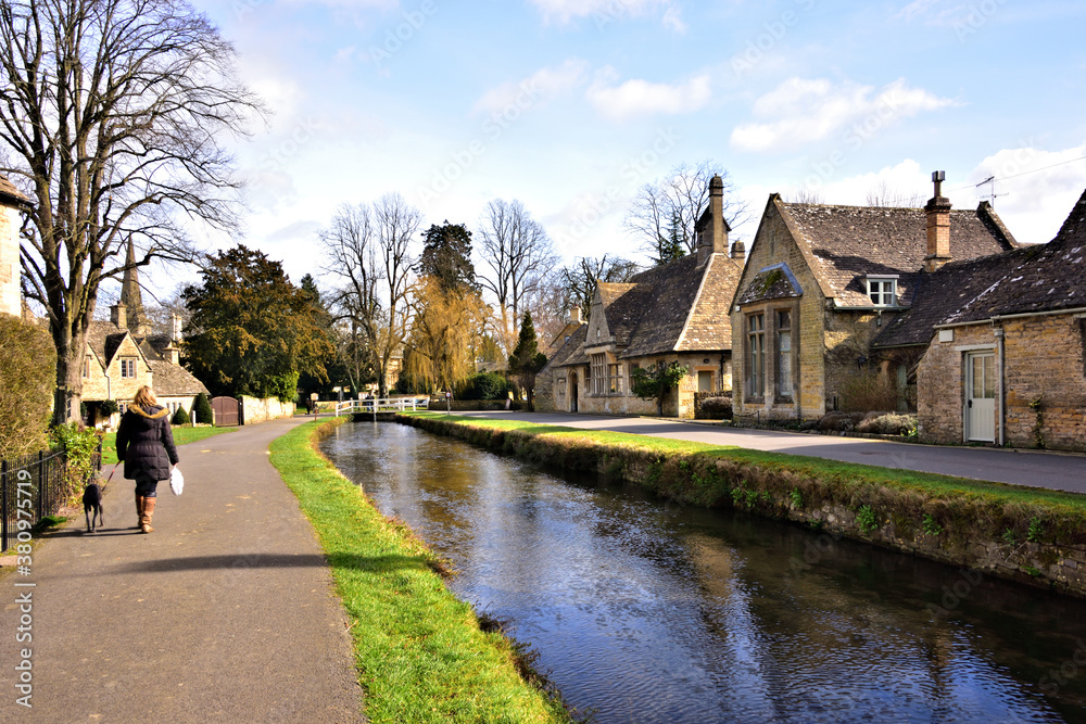 View along Becky Hill and the River Eye at Lower Slaughter in the Cotswolds