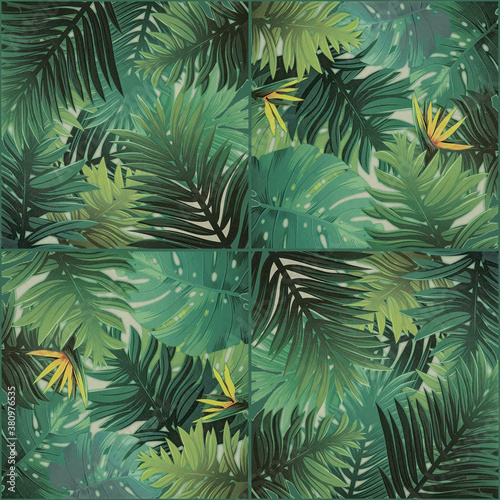 Seamless green abstract pattern floral tropical exotic tropics  branched palm tree monstera leaves flower jungle wallpaper mosaic  tiles texture background square