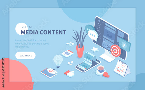 Social Media Content. Marketing strategy to attract users attention. Viral Marketing and Social Media Sharing. Isometric vector illustration for poster, presentation, banner, website.