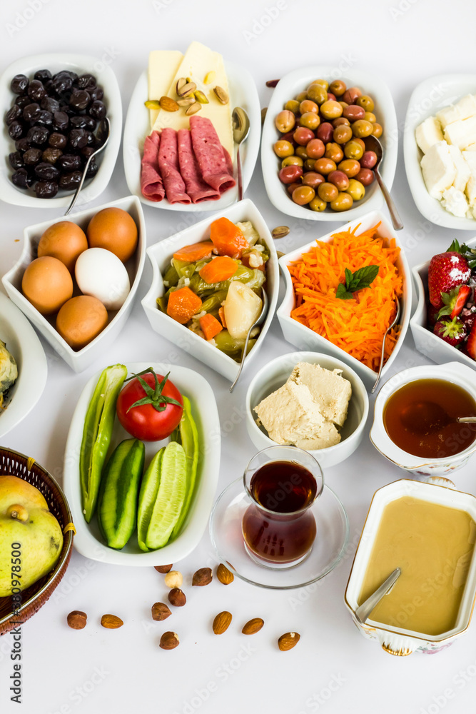 Traditional Turkish Spread Breakfast with fresh fruits and vegetables,top view