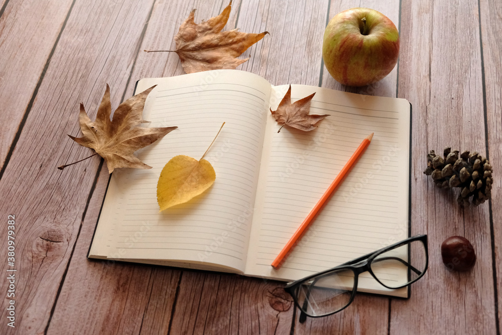 autumn still life with apples and notebook