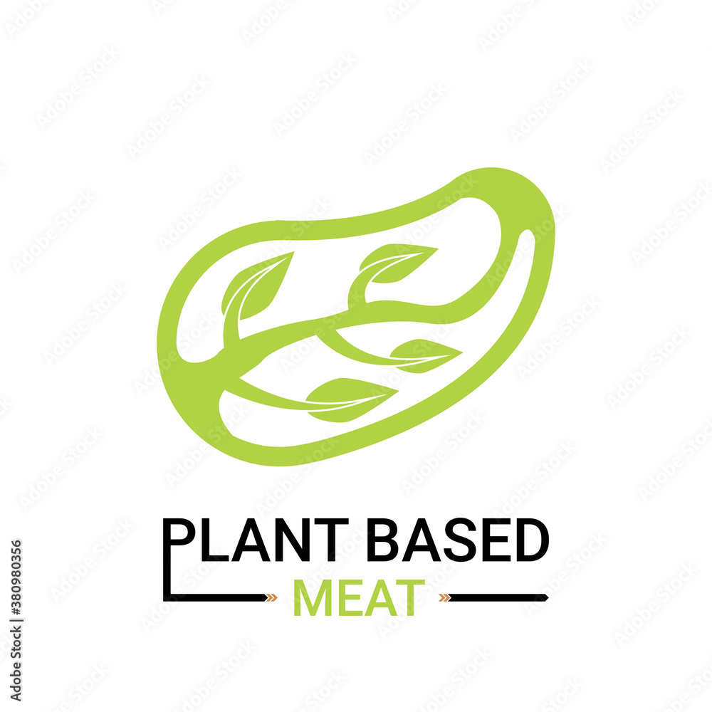Plant-Based Meat icon. Design by meat chop with branch and leaves inside. Vegetable meat or Artificial meat concept. Flat vector trendy modern meatless bbq logotype graphic element isolated on white Plant-Based Meat icon. Design by meat chop with branch and leaves inside. Vegetable meat or Artificial meat concept. Flat vector trendy modern meatless bbq logotype graphic element isolated on white