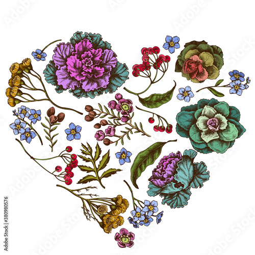 Heart floral design with colored wax flower, forget me not flower, tansy, ardisia, brassica, decorative cabbage