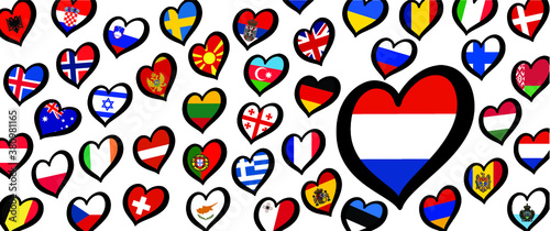 Eurovision europe contest song 2021 Funny euro country map heart flag logo symbol Fun music festival icon Songfestival hearts countries Rotterdam Europe Shine a Light Netherlands, Holland or Dutch