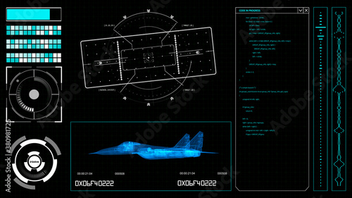 Futuristic HUD elements on a computer display with military plane scheme, code and navigation system on a screen. Hitech Illustration