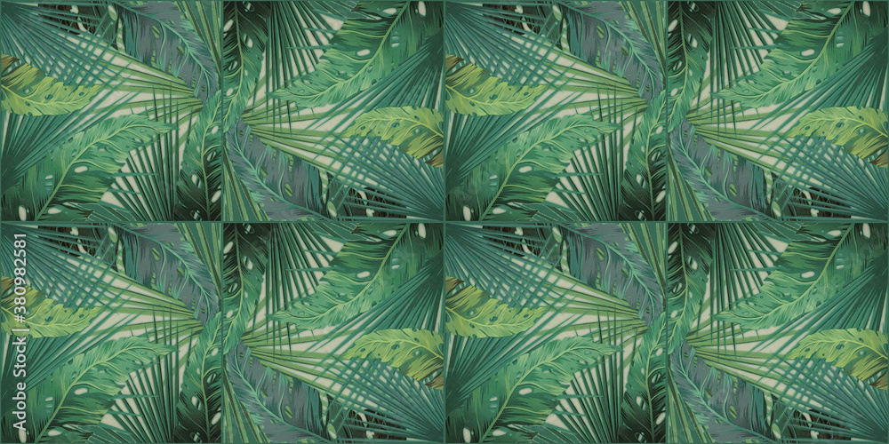 Seamless green abstract pattern floral tropical exotic tropics, branched palm tree leaves jungle wallpaper square mosaic, tiles texture background 