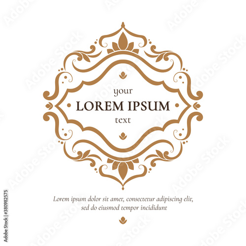 Decorative golden frame with vector ornament. Elegant, classic elements. Can be used for jewelry, beauty and fashion industry. Great for logo, emblem, background or any desired idea.