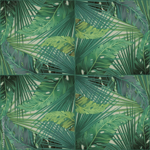 Seamless green abstract pattern floral tropical exotic tropics  branched palm tree leaves jungle wallpaper square mosaic  tiles texture background