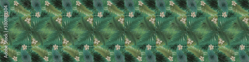 Fototapeta Naklejka Na Ścianę i Meble -  Seamless green abstract pattern floral tropical exotic tropics, branched palm tree leaves flower jungle wallpaper square mosaic, tiles texture background banner panorama