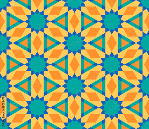Hexagonal mosaic. Seamless pattern. Arabic style digital tapestry, textile print.