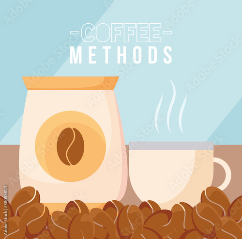 coffee methods with beans bag and cup vector design