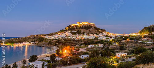 Sightseeing of Greece. Lindos village and Lindos castle, beautiful night view with illumination, Rhodes island, Dodecanese, Greece