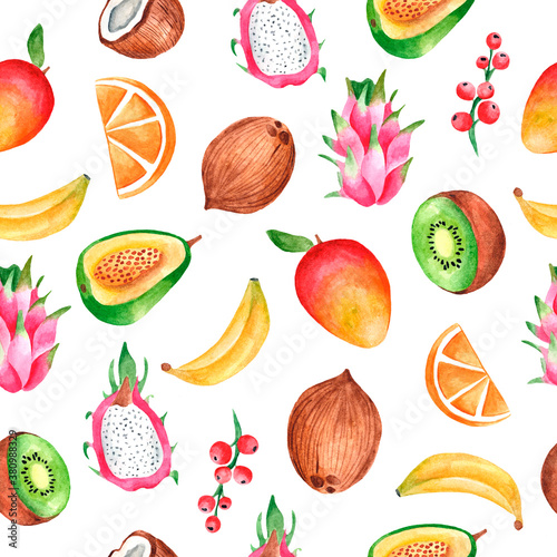 Fototapeta Naklejka Na Ścianę i Meble -  Watercolor seamless pattern with tropical berries, mangoes, bananas, coconuts, pitahaya, orange, kiwi, guava. Pattern with fruit .Watercolor design of fabrics with elements of tropical plants. 