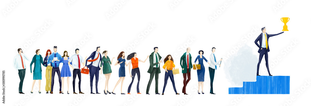 Digital illustration Lots of business people staying in queue behind boss who holds up golden trophy. Working team, success and group achievement. Digital illustration Lots of business people staying in queue behind boss who holds up golden trophy. Working team, success and group achievement.