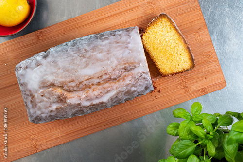 Home made lemon icing cake top down view