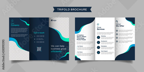 Corporate business trifold brochure template. Modern, Creative and Professional tri fold brochure vector design. Simple and minimalist promotion layout with dark blue color.