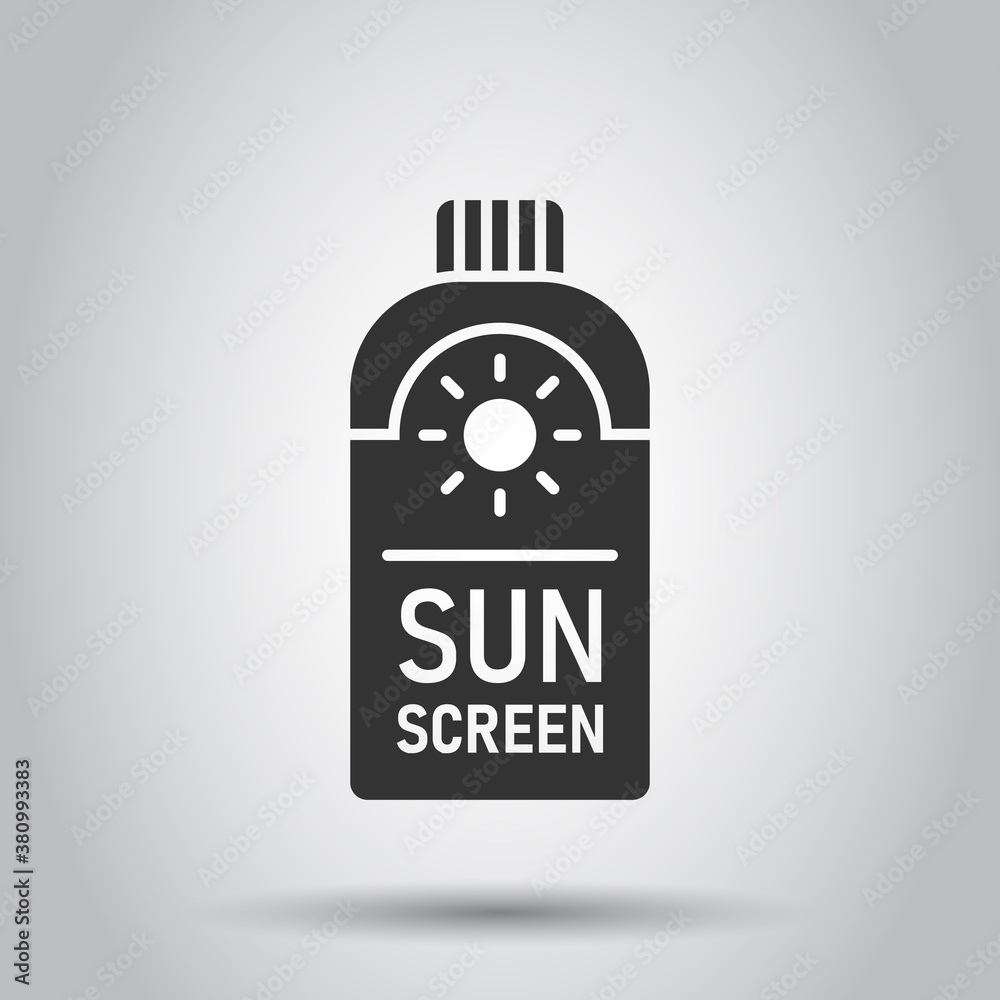 Naklejka premium Sun protection icon in flat style. Sunblock cream vector illustration on white isolated background. Spf care business concept.