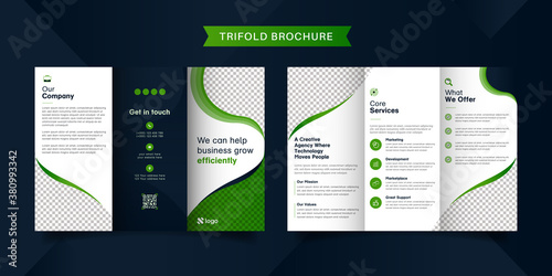 Corporate business trifold brochure template. Modern, Creative and Professional tri fold brochure vector design. Simple and minimalist promotion layout with dark blue and green color.
