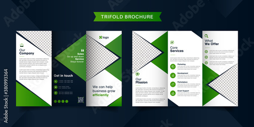 Corporate business trifold brochure template. Modern, Creative and Professional tri fold brochure vector design. Simple and minimalist promotion layout with dark blue and green color.