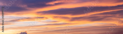 Twilight panorama sky background, orange cloud after sunset.