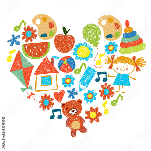 Kindgergarten vector pattern. Kids drawing style. Children play and grow  creativity and imagination. School student.