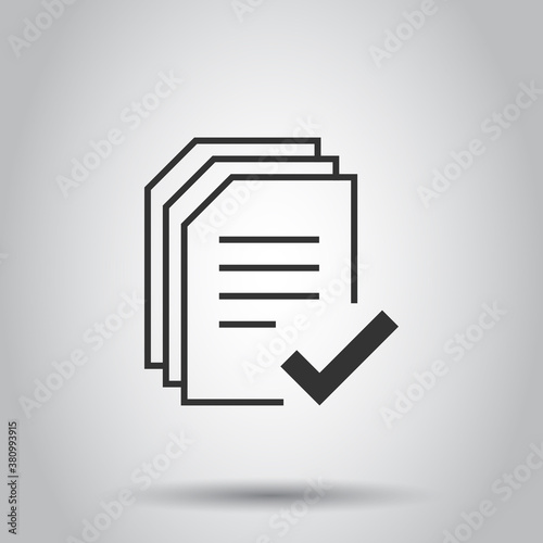 Approved document icon in flat style. Authorize vector illustration on white isolated background. Agreement check mark business concept.