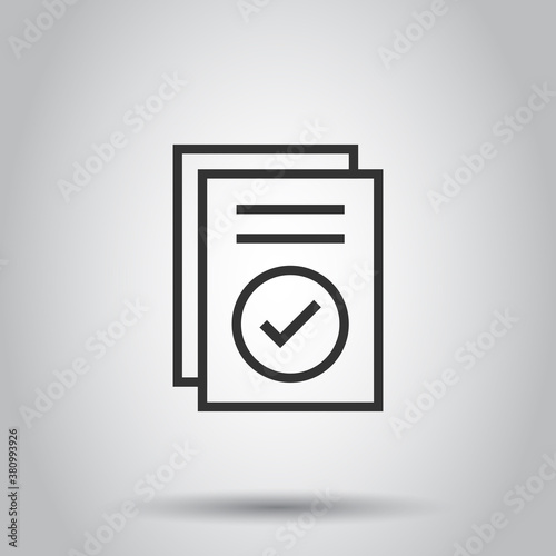 Approved document icon in flat style. Authorize vector illustration on white isolated background. Agreement check mark business concept.