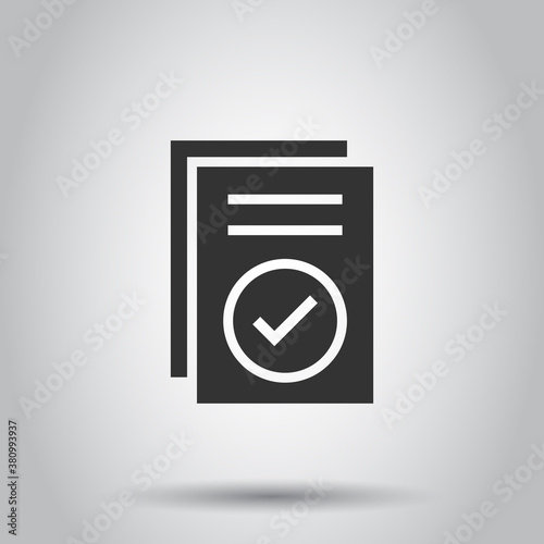 Approved document icon in flat style. Authorize vector illustration on white isolated background. Agreement check mark business concept.