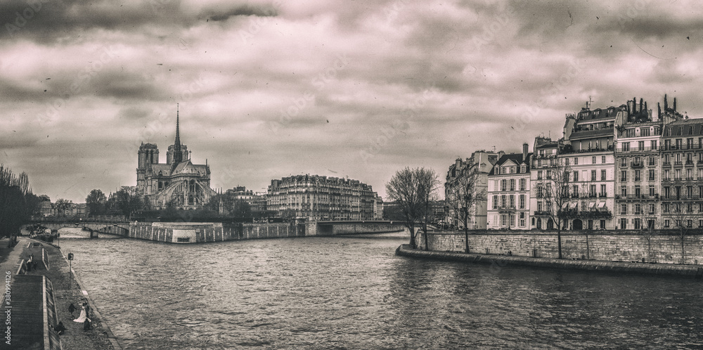 Vintage view of Paris across Seine River