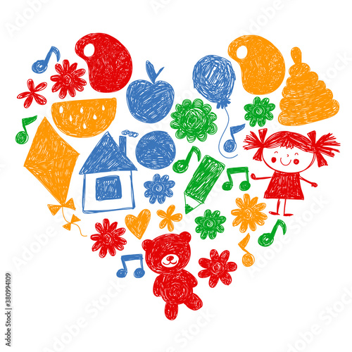 Kindgergarten vector pattern. Kids drawing style. Children play and grow, creativity and imagination. School student.