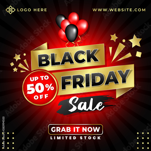 Black Friday Sale Offer Design Banner Template for Social Media Post and Web with red, black and golden color on abstract black background