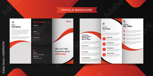 Corporate business trifold brochure template. Modern, Creative and Professional tri fold brochure vector design. Simple and minimalist promotion layout with red color.