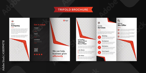 Corporate business trifold brochure template. Modern, Creative and Professional tri fold brochure vector design. Simple and minimalist promotion layout with red color.
