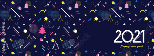 Happy New Year- 2021 . Banner for New Year. social media promotional content. Glittery shining golden and bstract objects ondark blue . holiday design photo