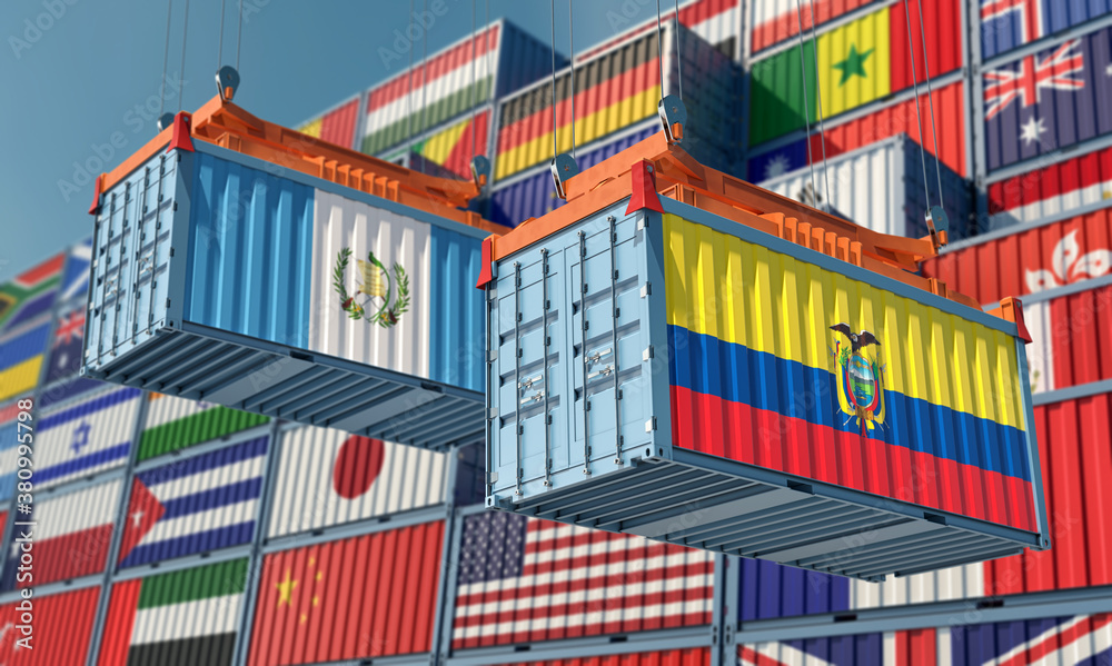 Freight containers with Guatemala and Ecuador flag. 3D Rendering 