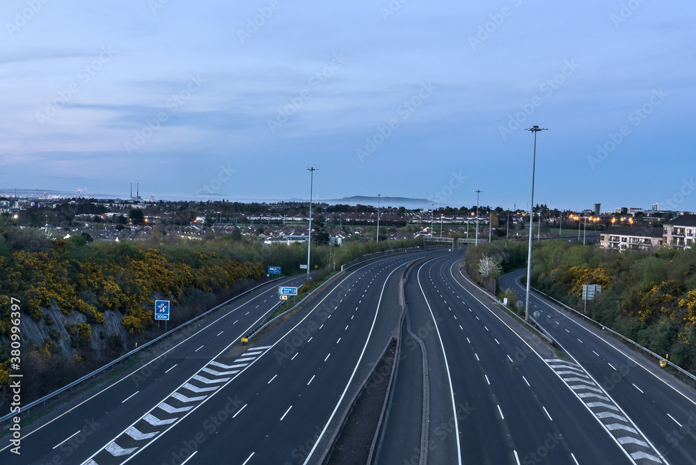 Free motorway during the COVID-19 quarantine.  Photo taken in the early evening, when usually the road is very busy, Dublin, Ireland, April 11, 2020