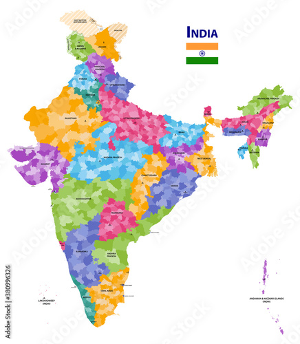 India vector map showing states and districts boundaries with states' names and capitals