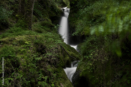 Small narrow waterfall in magic forest. Tiny waterfall. Long-exposure photo of Poulanass Waterfall, Wicklow Way, Derrybawn, Co. Wicklow, Ireland