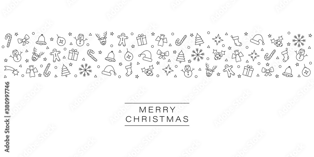 christmas vector banner line icon element white background. celebration greeting card. black element ornament with santa, reindeer, gift, tree, snowflake, angel, sock, snowman. christmas vector banner line icon element white background. celebration greeting card. black element ornament with santa, reindeer, gift, tree, snowflake, angel, sock, snowman.
