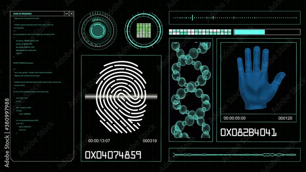 hud elements on a computer display with hand scanning and fingerprints on a screen. 